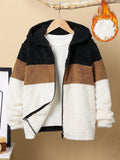 Tween Boy Loose Casual Plush Hooded Jacket With Patchwork And Color-Block