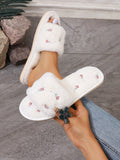 Women's Embroidered Rose Velvet Indoor Slippers, Flat Open Toe Faux Rabbit Fur House Shoes