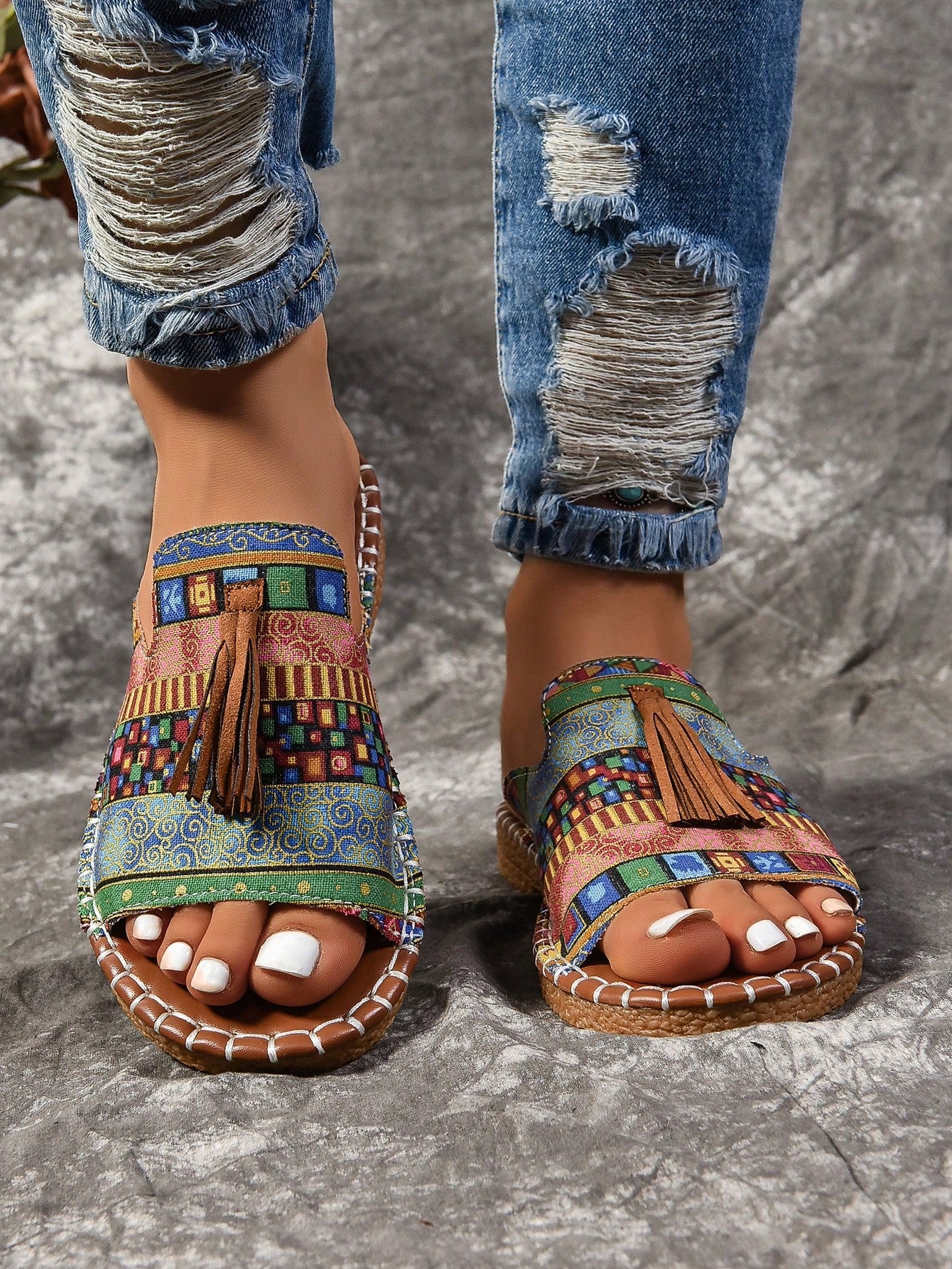 Women's Fringe Decor  Flat Sandals, Beach Water-Resistant Slides, Fashionable Slip-Resistant Outdoor Shoes
