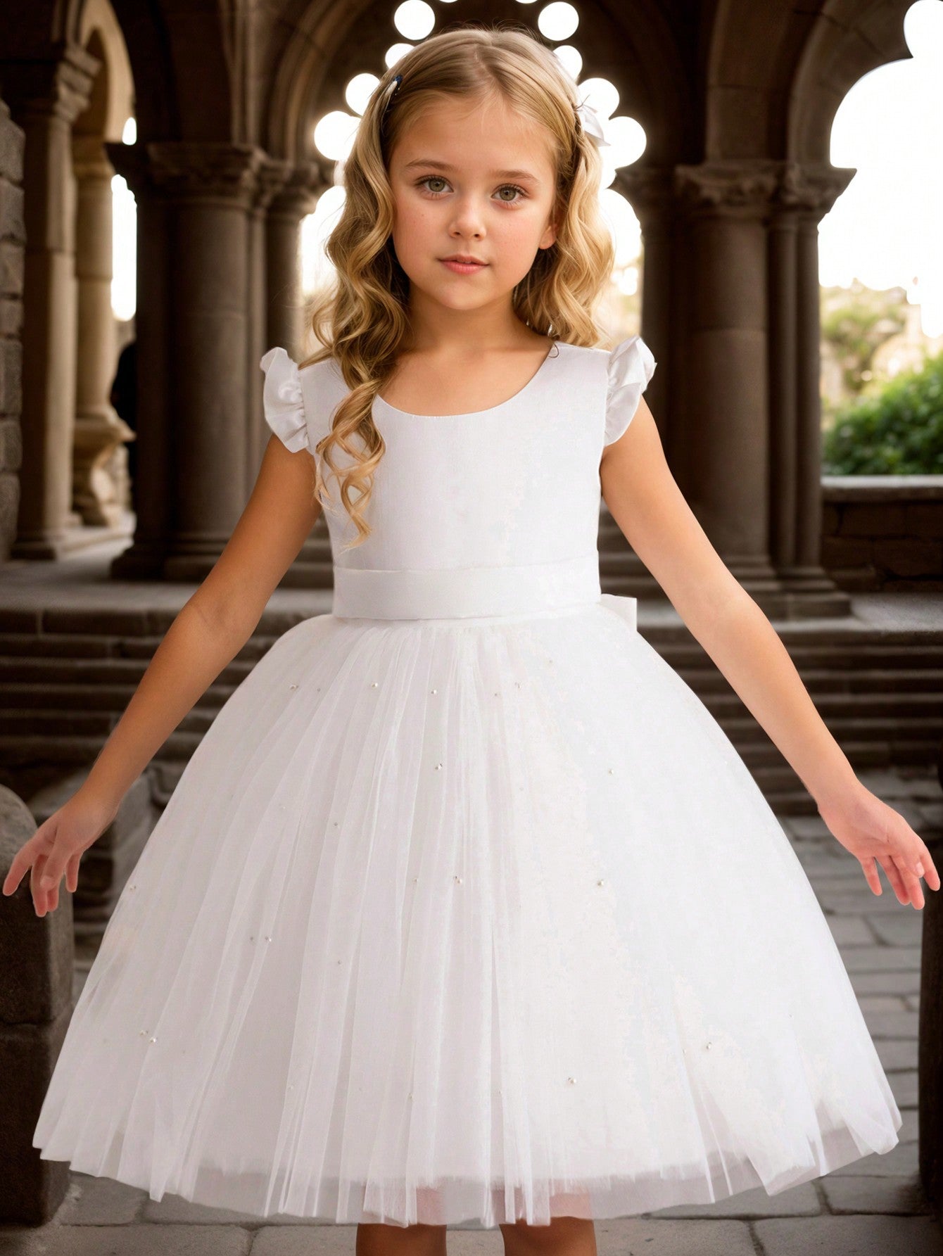 Young Girl Flutter Sleeve Tulle Formal Dress, Suitable For Birthday Party, Dance Party, Casual, Daily Wear, Musical Performance, And Stage Costume
