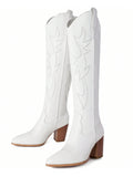 Cowboy Boots For Women Embroidered Cowgirl Boots Pointed Toe Chunky Block Heel Pull On Western Knee High Boots