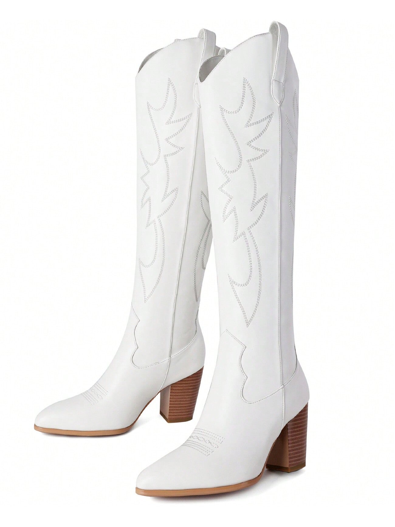 Cowboy Boots For Women Embroidered Cowgirl Boots Pointed Toe Chunky Block Heel Pull On Western Knee High Boots
