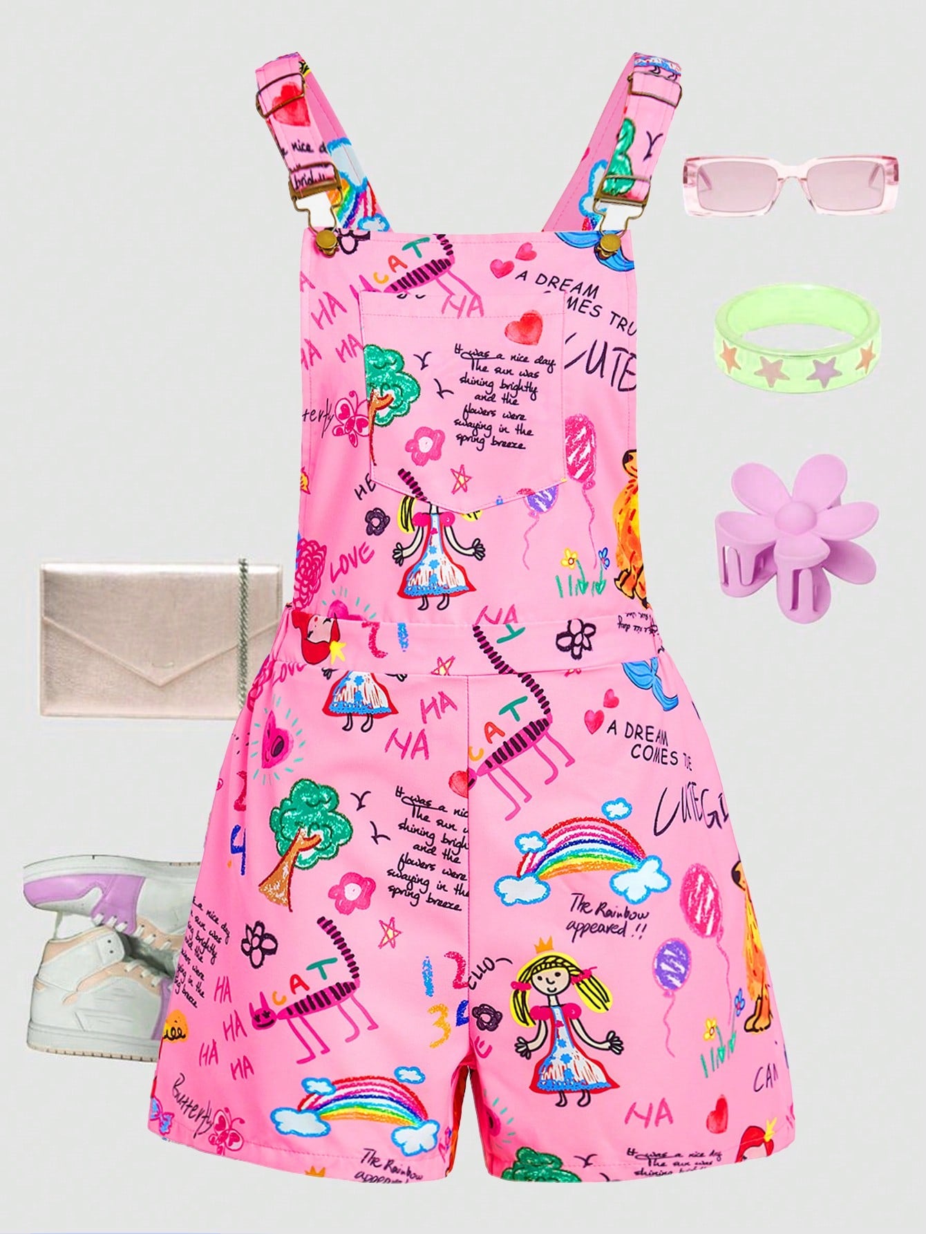 Streecool Kids Teen Girl Cute Cartoon Printed Wide Strap Summer Jumpsuit