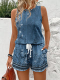 Round Neck Sleeveless Top With All-Over Print, Drawstring Waist And Pocket, Slim Fit Women's 2pcs Set For Summer