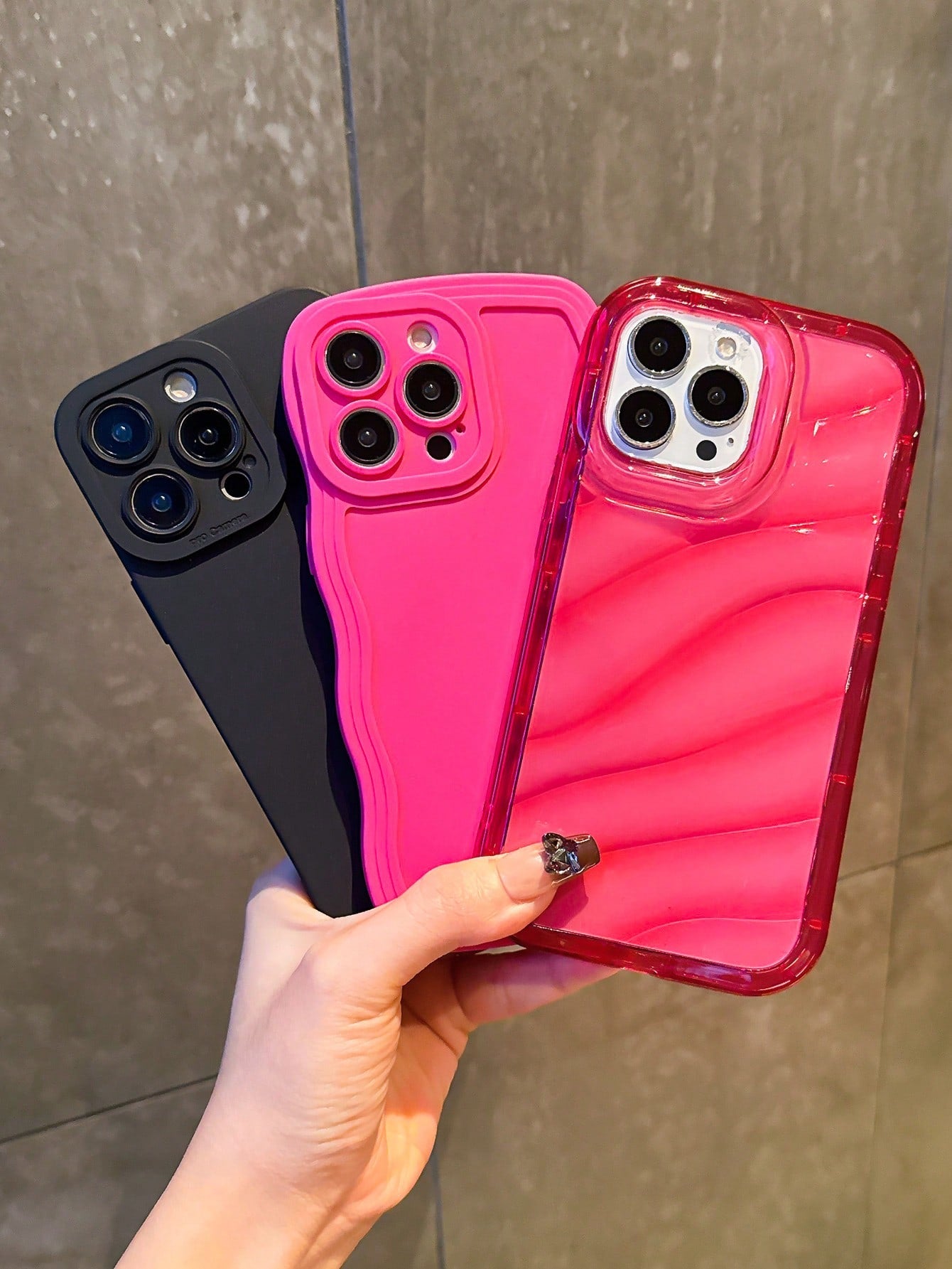 Neon 3pcs/Set Solid Color Black Pupil & Pink Wave Design Airbag Transparent Tpu Protective Case Compatible With IPhone 15, Unisex
