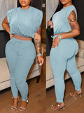 Casual  Blue Sleeveless Loose Crop Top And Tight Long Pants Set