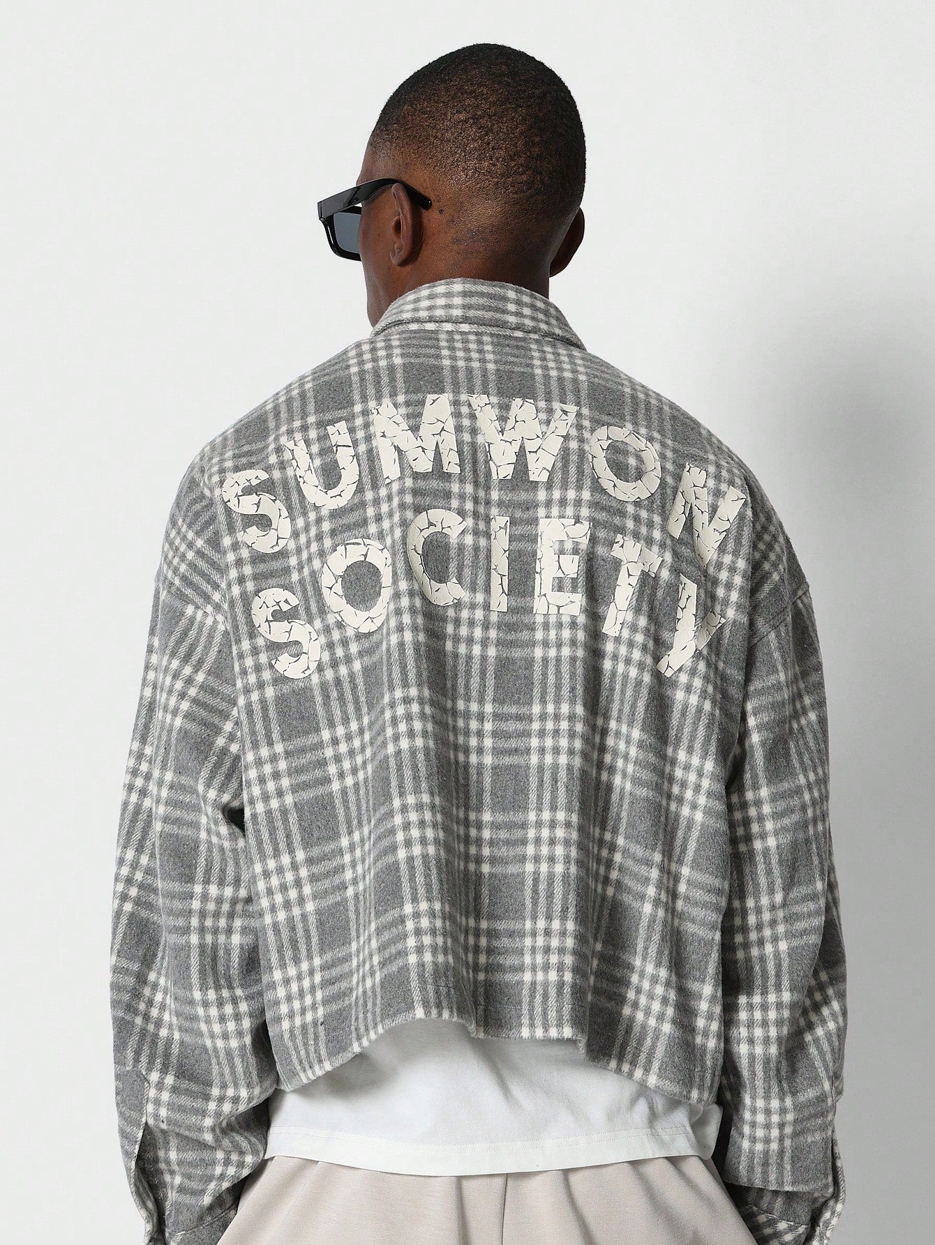 Crop Fit Checkered Overshirt With Back Graphic Print College Ready