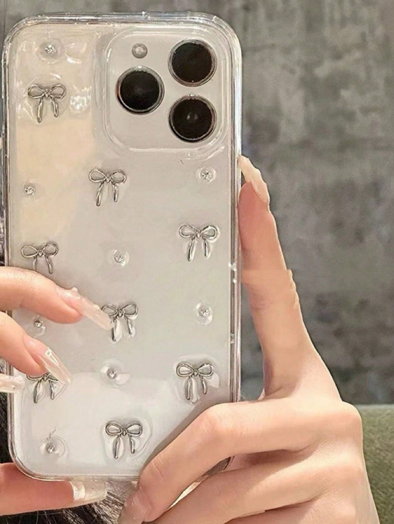 Simple Silver Texture Small Bow & Metal Small Round Beads Transparent Epoxy Mobile Phone Case Compatible With IPhone 15\15Plus\15Pro\15ProMax\14\13\12\11\X\XS\XR\Mini\Pro Max\Pro\Plus TPU Full Package Soft Case