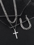 3pcs Boys' Cross Pendant Necklace Set Including Bracelet And Necklace, Sporty Style