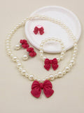 1set Children's Girls' Cute Bowknot & Beaded Necklace, Bracelet, Ring, Hair Clips Combination