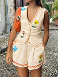 LilyWest Women's Floral Embroidered Vest And Shorts Casual Vacation Suit