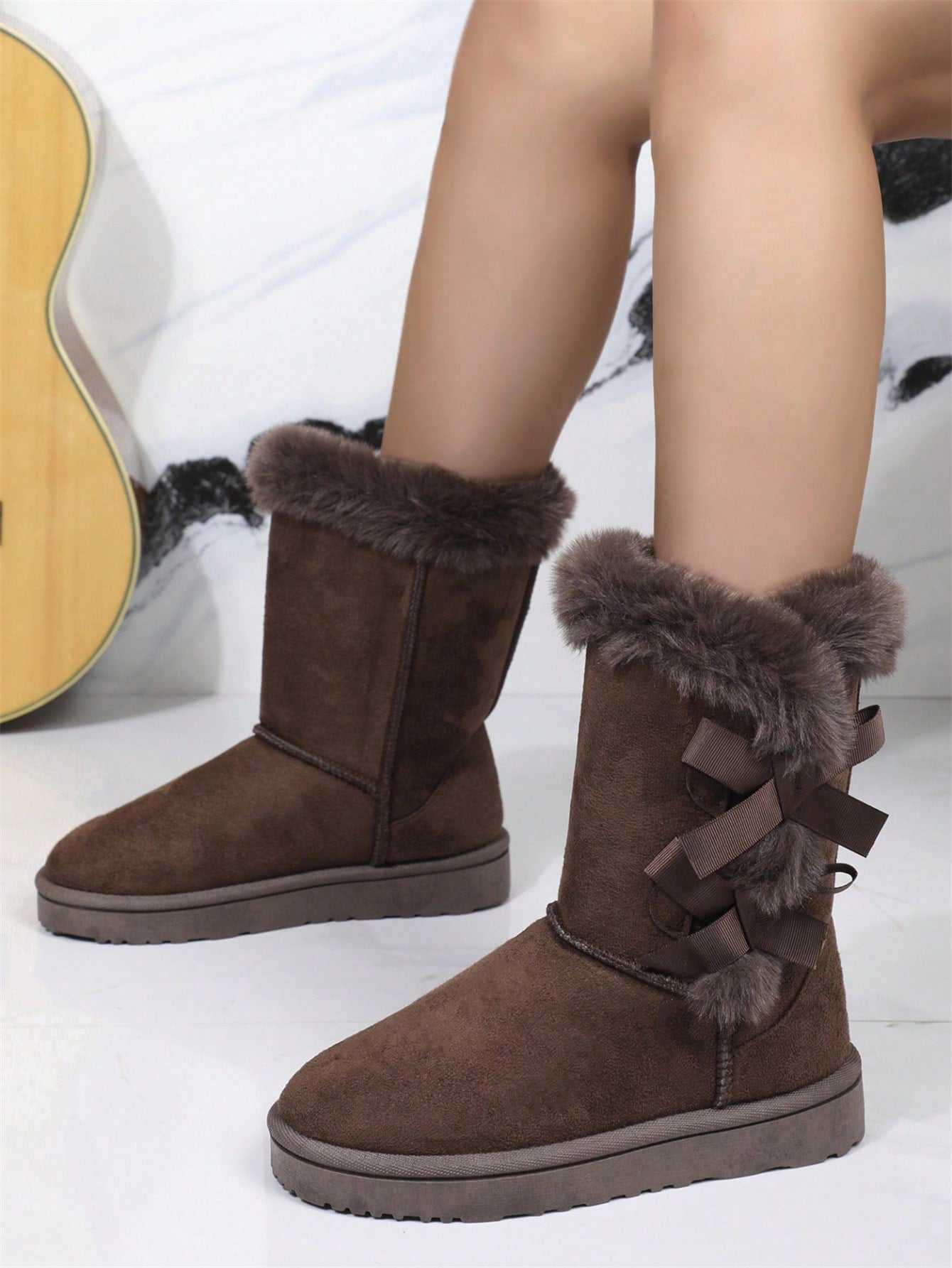Women's Round Toe Mid-Calf Anti-Slip Snow Boots, Thickened And Fleece-Lined
