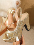 Women's 2024 New Spring/Summer Party Casual Anti-Slip Comfortable Gold High Heel Thick Sole Sandals