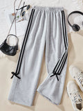Kids Tween Girl Side-Stripe Patchwork Belted Casual Straight-Leg Pants With Bow Tie