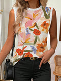 Casual Floral Printed Round Neck Knitted T-Shirt, Perfect For Summer Outings