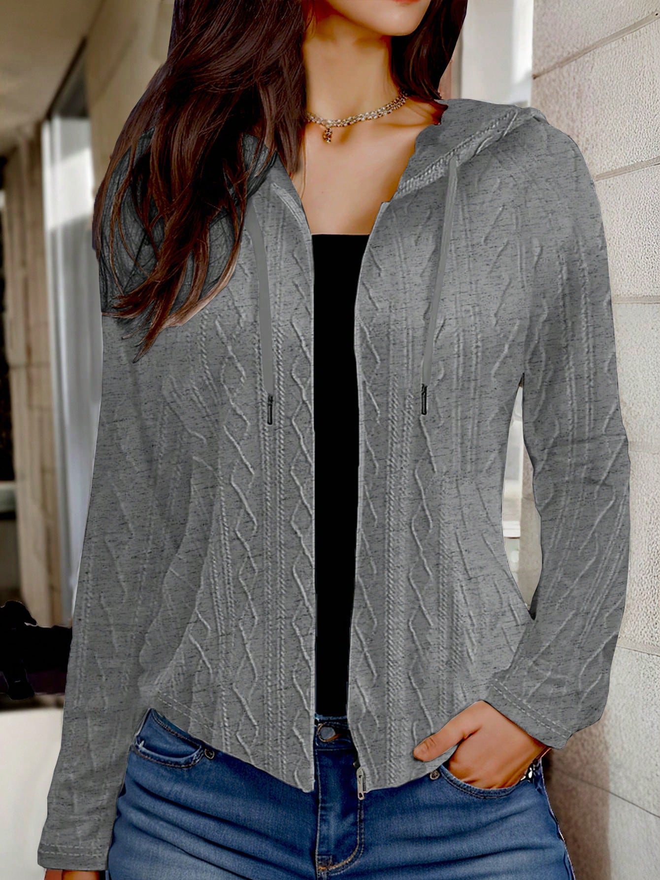 Women's Solid Color Zipper Casual Drawstring Hooded Regular Jacket With Long Sleeves
