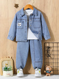 Young Boys' Street Cool Flat Pockets With Patch Detail Button Front Overshirt And Fully Elastic Waist Jogger Jeans Two Piece Set