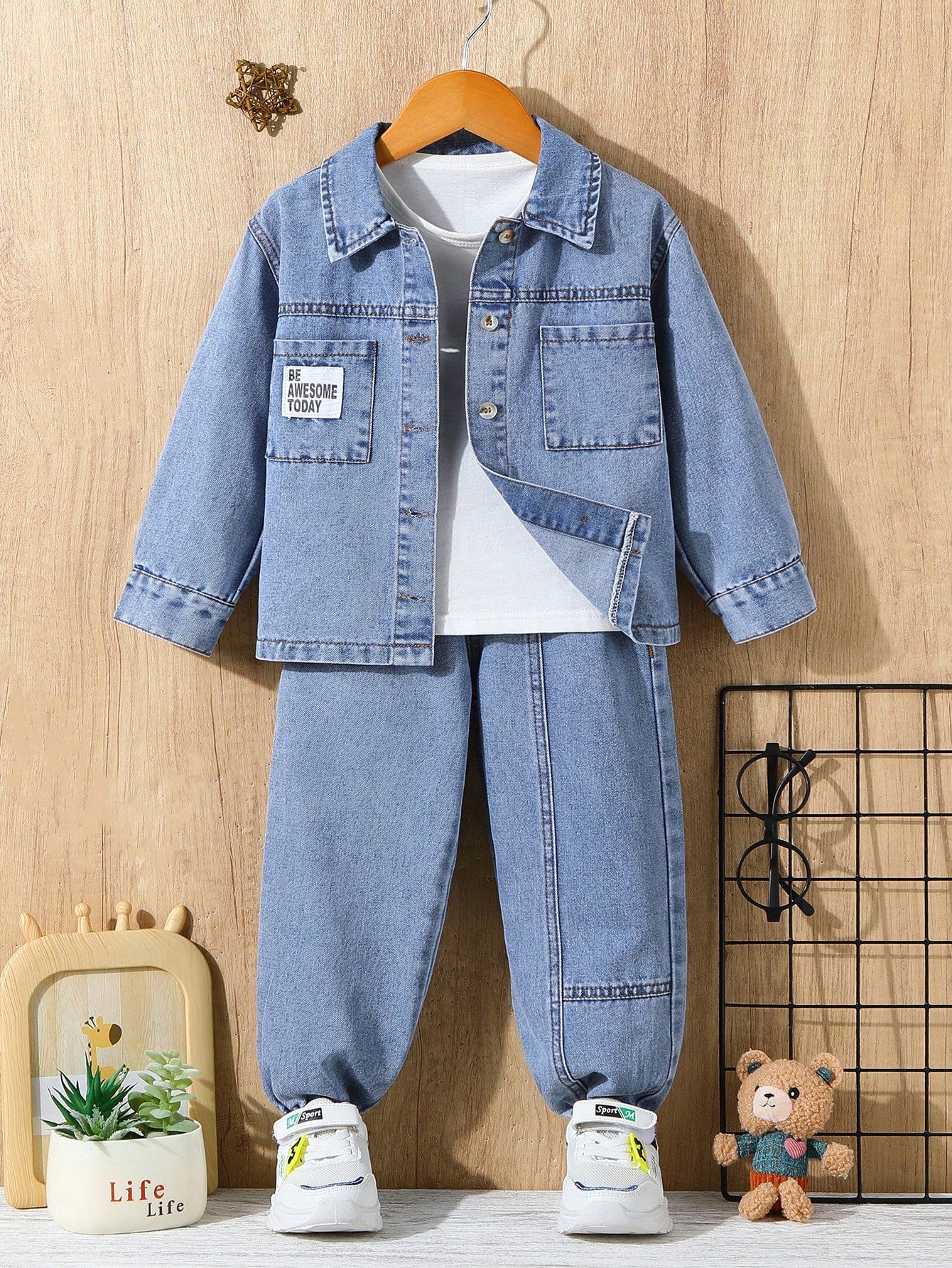 Young Boys' Street Cool Flat Pockets With Patch Detail Button Front Overshirt And Fully Elastic Waist Jogger Jeans Two Piece Set