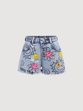 Girls' Flower & Sun Pattern Blue Denim Shorts, Toddler