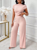 Solid Color Asymmetrical Neckline Ruched Slim Fit T-Shirt & Wide Leg Pants