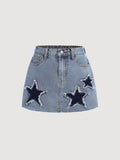Tween Girl Summer Y2k Trendy Colorblock Star Patched Faded Frayed Baggy Denim Jeans Short Skirt,Kid's Clothing Outfits