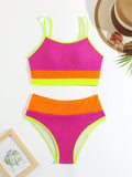 Teen Girl Color Block Neon Simple Daily Spaghetti Strap Bikini Set, Bathing Suit Summer Beach