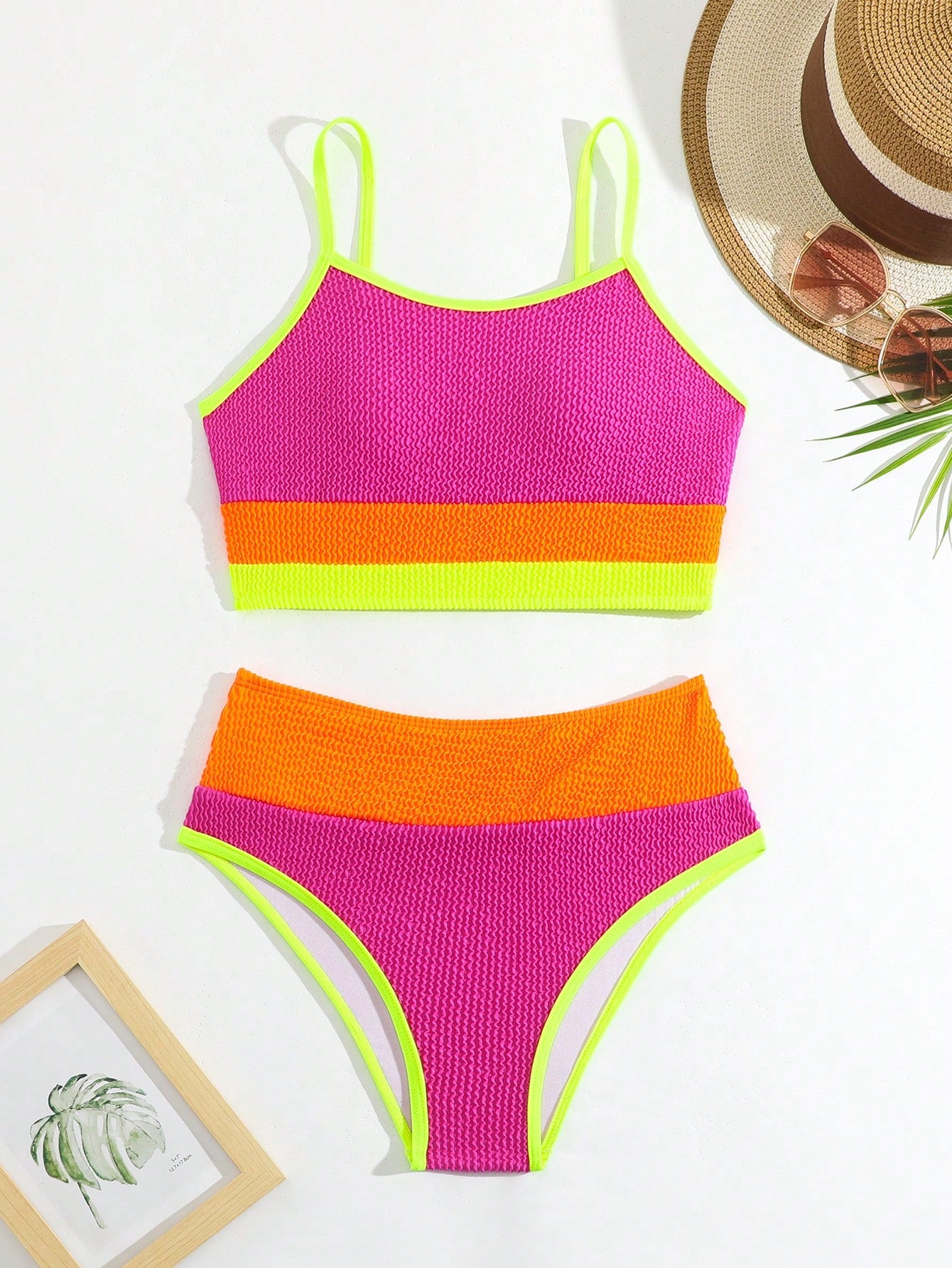 Teen Girl Color Block Neon Simple Daily Spaghetti Strap Bikini Set, Bathing Suit Summer Beach
