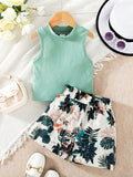Young Girl's Solid Color Ribbed Tank Top And Tropical Plant Printed Shorts Casual Set