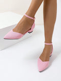 Women's Elegant Pointed-Toe Minimalist Solid Color Hollow Out Buckle Strap Nude Sandals, Watermelon Pink, Low Chunky Heels For Spring And Autumn