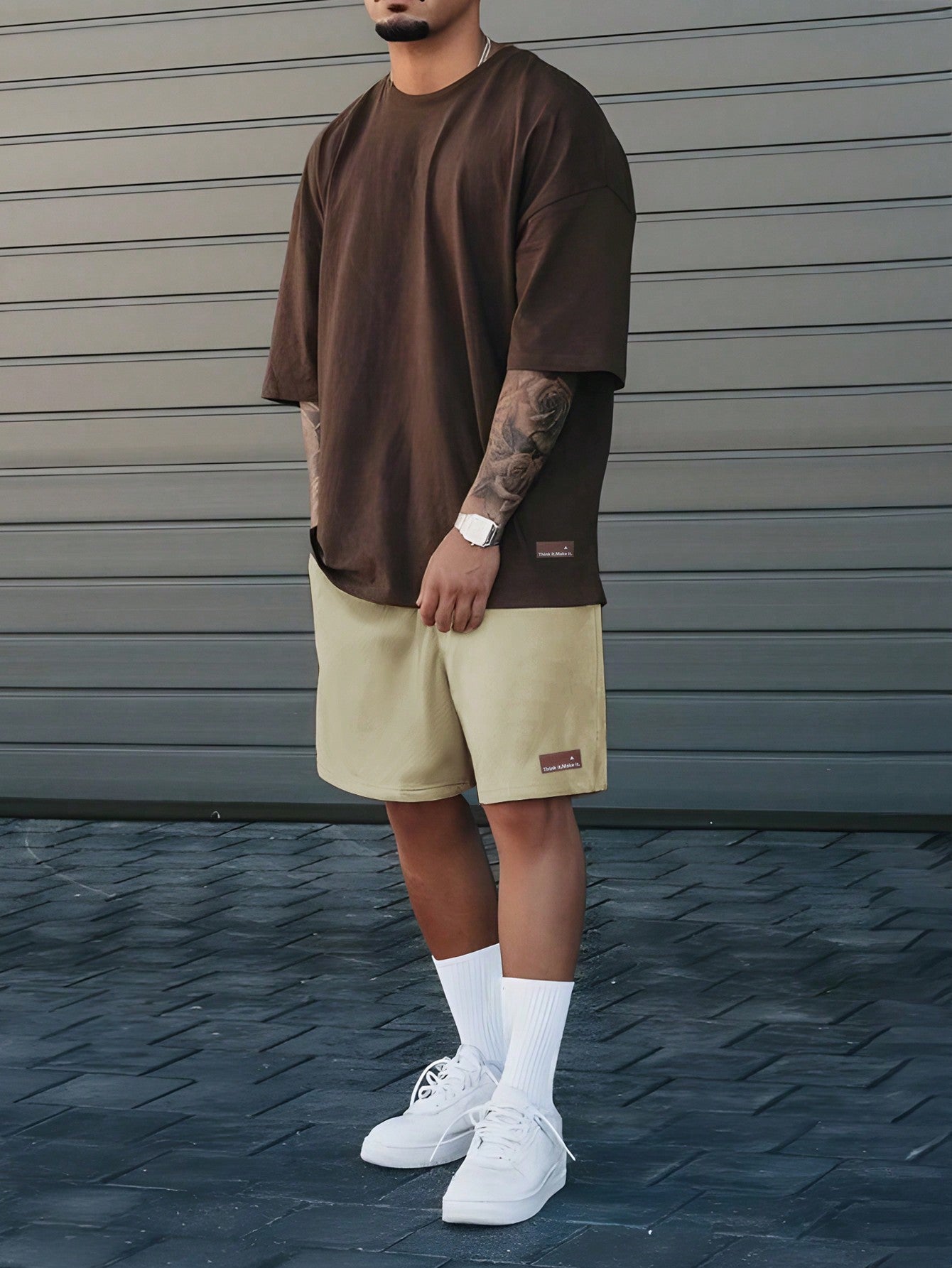 Round Neck Plain Short Sleeve T-Shirt With Patch And Pocket Shorts 2pcs Set