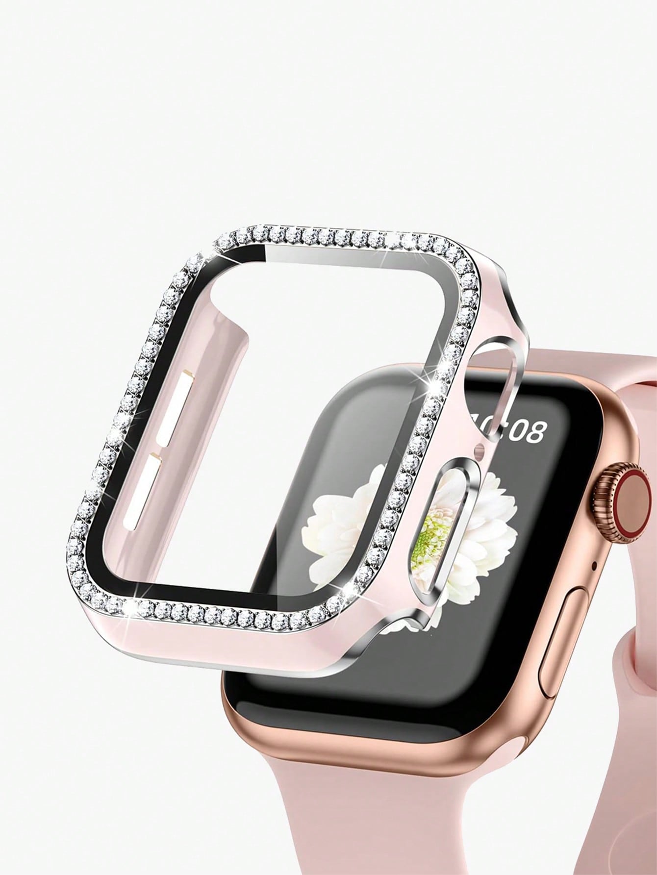 Contrast Color Plating Single Row Diamond-Inlaid PC Hard Shell + Tempered Glass Screen Protector For Apple Watch