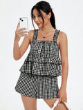 Ladies' Plaid Printed Summer Tank Top And Shorts Set