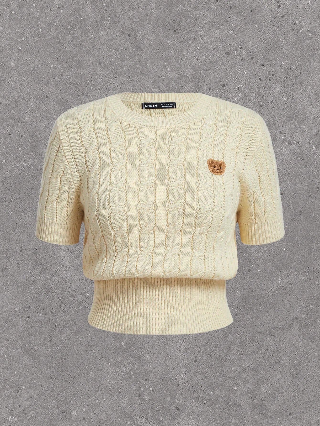 Women's Plus Size Warm Yellow Knitted Short Sleeve Sweater With Cute Bear Icon & Twisted Rope Knit Texture, Perfect For Summer And Early Autumn