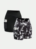 Teen Girl Black Knitting & Black/White Tie-Dye Overlapping Waist Contrast Mesh Insert Pockets Multiple Pieces Leggings Set, 2pcs