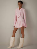 Cool-Toned Lady Suit Set, Featuring French Double-Breasted Jacket With Collar Design, Pleated Hem And Hem Pressing Flounce Skirt, Simple Yet Sophisticated And Luxurious