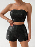 Sequin Embellished Solid Color Bandeau Top And Shorts, Sexy 2pcs Summer Outfit