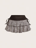 Leopard Splicing Frill Hem Ruched Skirt