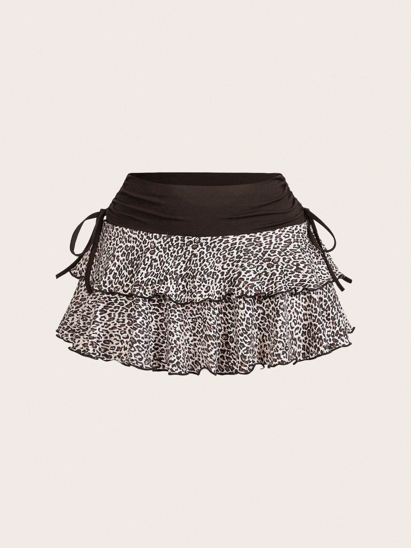 Leopard Splicing Frill Hem Ruched Skirt