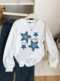 Casual Blue Star Print White Round Neck Long Sleeve Oversize Loose Women's Sweatshirt With Applique