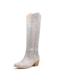 Sparkly Cowboy Boots Ladies Wide Calf Glitter Bling Women's Western Boots Rhinestone Cowgirl Boots For Women  Mid Calf Knee High Boots Bejeweled Shiny Boots Diamond Chunky Heel Party Prom Shows