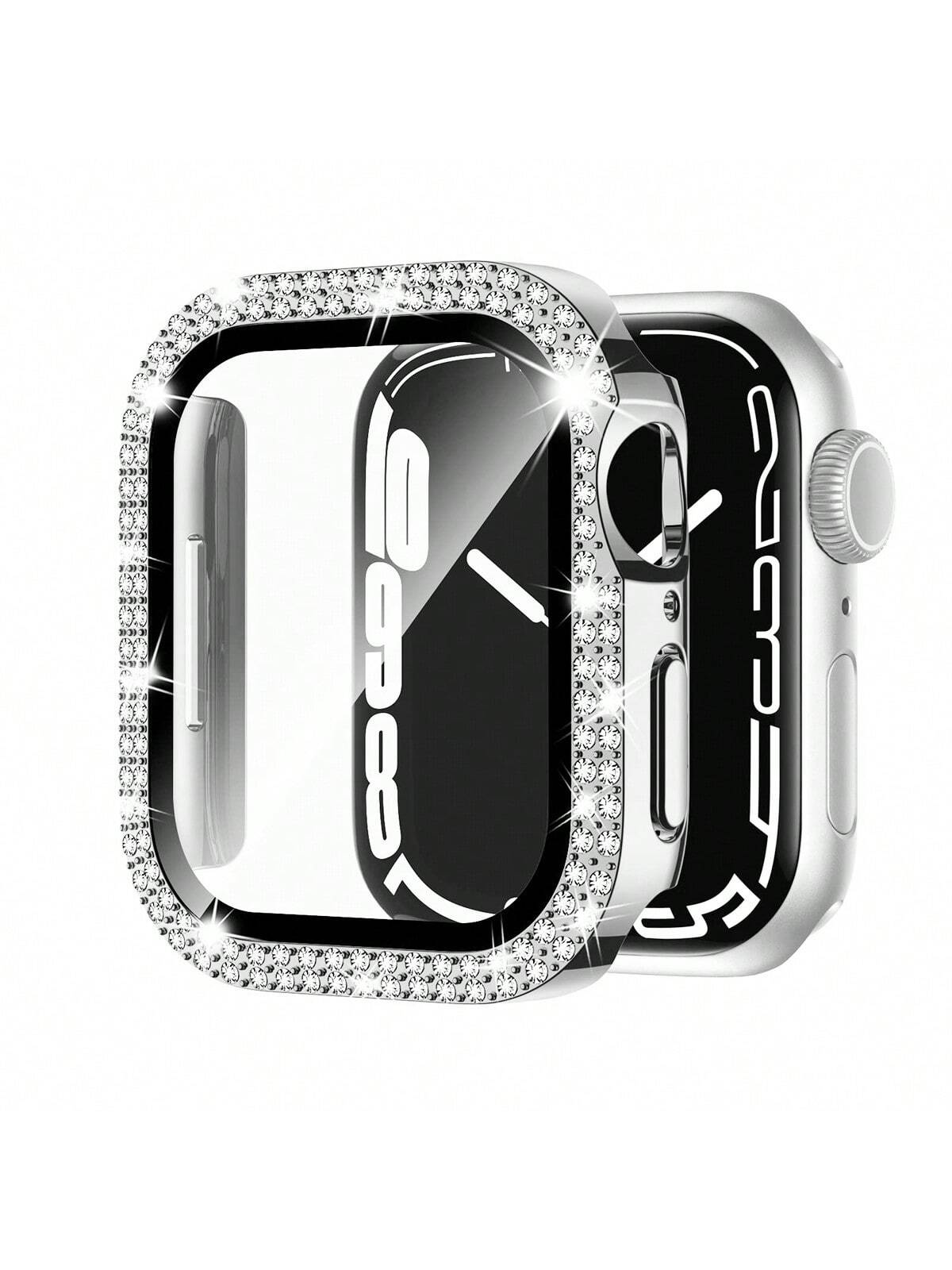 Compatible With Apple Watch Case Series 9/87/6/5/4/3/2/1/SE 38 40 41 42 44 45 Mm With Tempered Glass Screen Protector, Double Bling Case Crystal Diamonds Rhinestone Bumper Overall Hard PC Ultra-Thin Protective Cover For Apple Watch