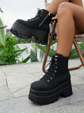 Autumn/Winter Plus-Size  Boots With Lace-Up, Thick Square Toe Women's Wedge Heel And Platform Fashionable Boots