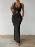 Women's Summer Solid Color Twisted Halter Neck Vest Top With Side Slit And Mermaid Midi Skirt Sexy 2pcs Set