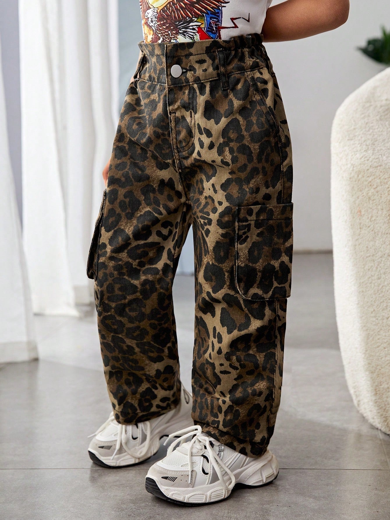 Young Girl Personalized Leopard Print Cargo Pocketed Jeans