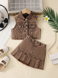 Young Girls Solid Color Front Button Sleeveless Top And Denim Skirt Summer Outfit