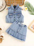 Young Girl Summer Casual Vest & Pleated Denim Skirt Set