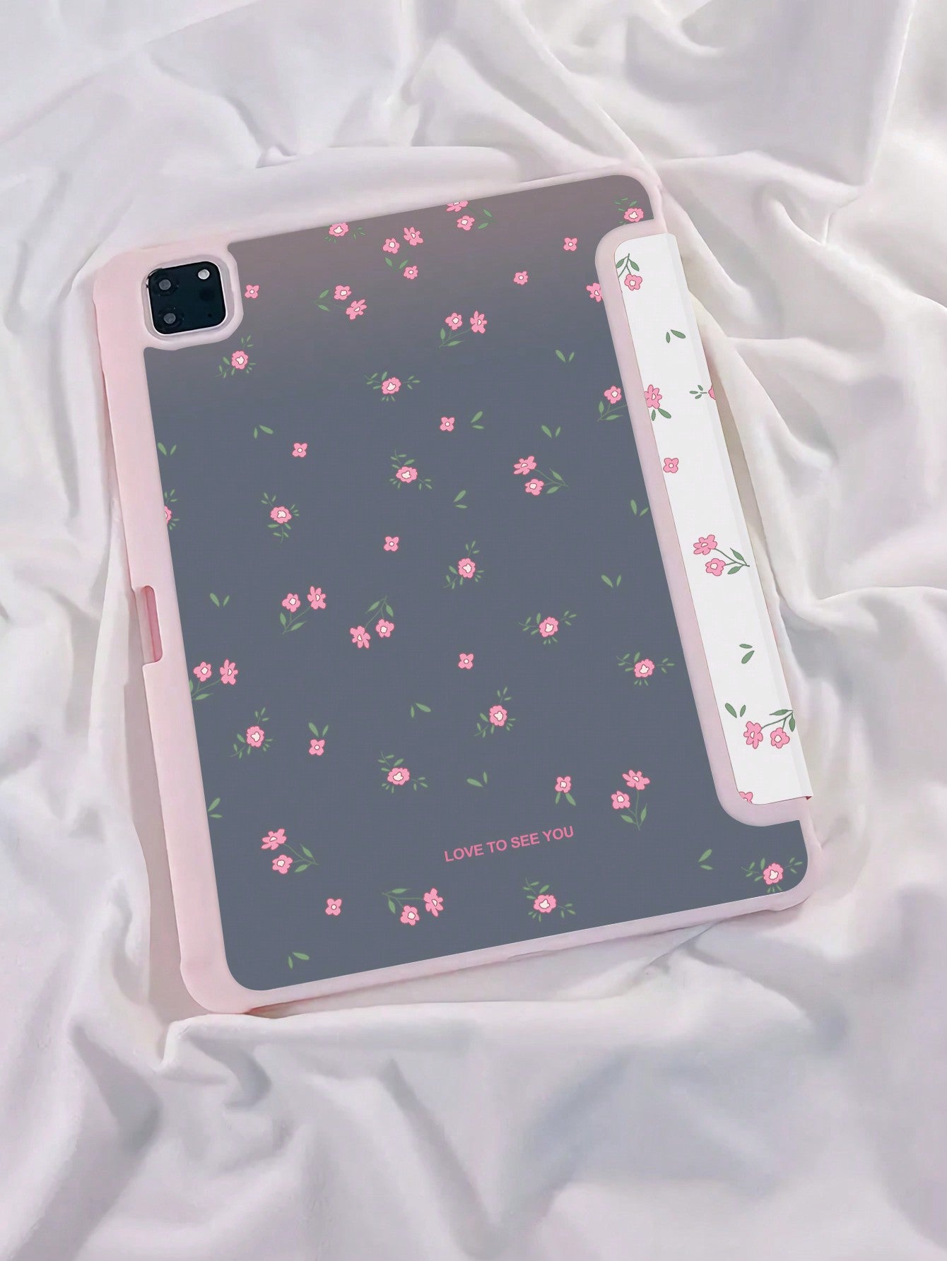 A Beautiful Ditsy Floral Double-Sided UV Printing 720° Rotating Acrylic Transparent Crystal Back Panel Shockproof Tablet Case With Pen Slot, Sleep/Wake Function Compatible With Huawei/IPad/Xiaomi/Samsung