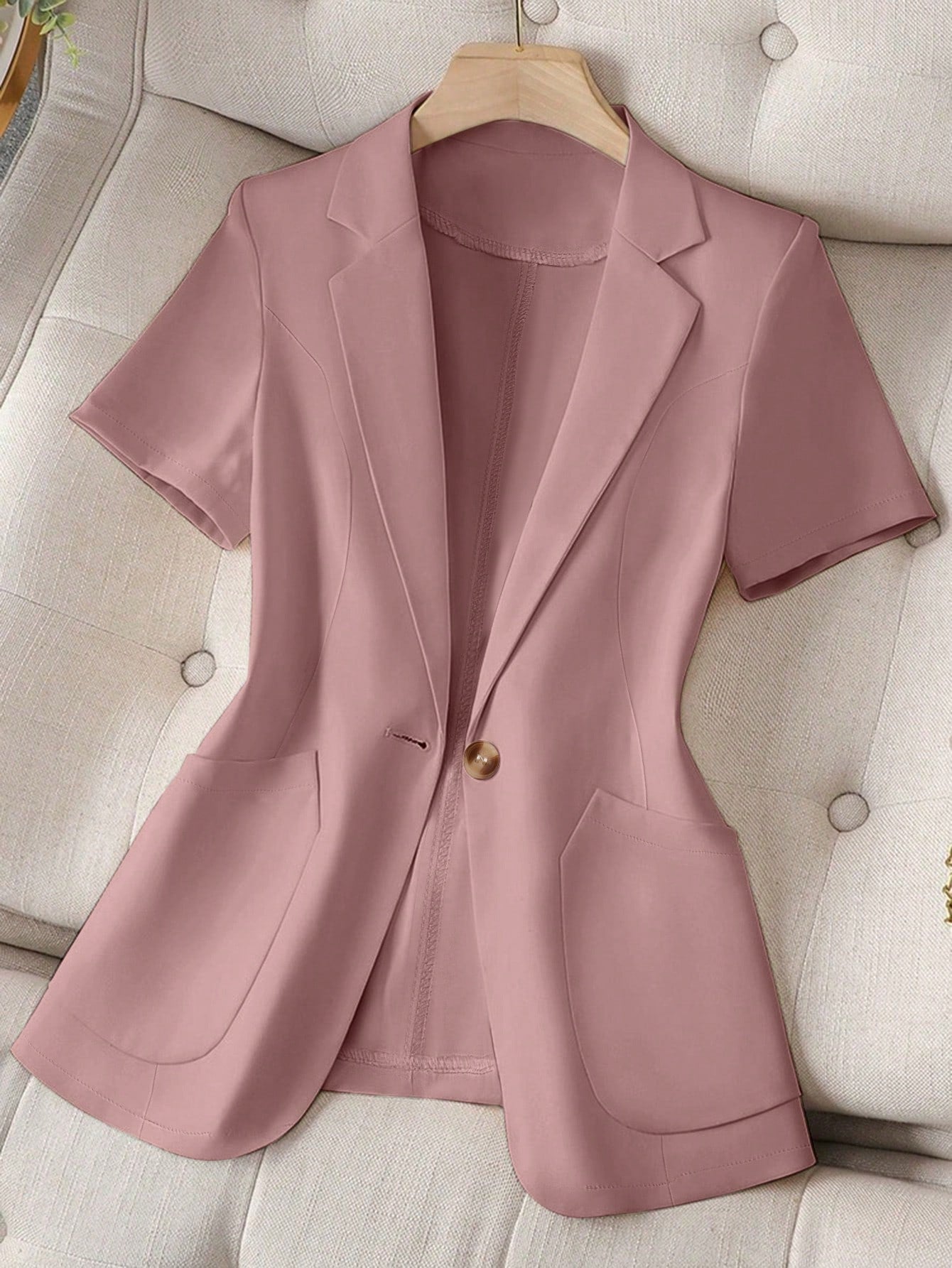 Irregular Pocket Single Button Notch Collar Short Sleeve Blazer Jacket