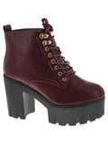 Women's Faux Leather Lace-Up Thick Platform Chunky Heel Lug Ankle Bootie