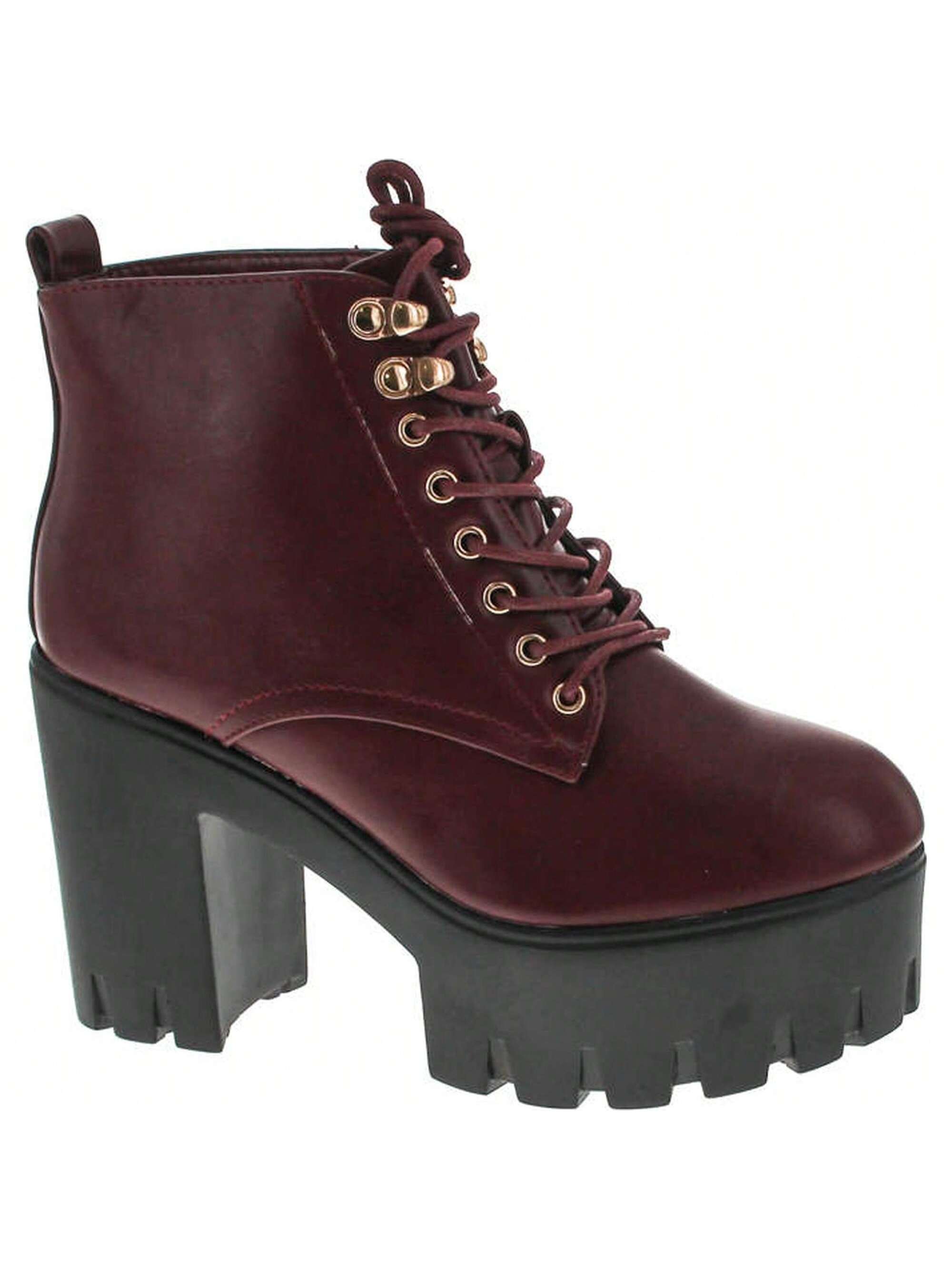 Women's Faux Leather Lace-Up Thick Platform Chunky Heel Lug Ankle Bootie